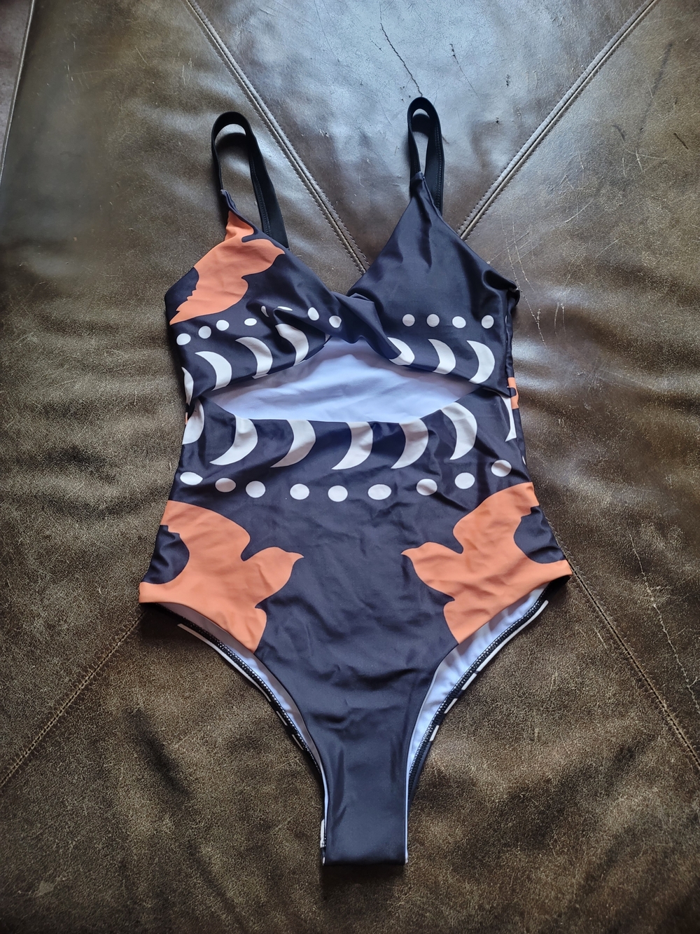 Abstract Print One-Piece Swimsuit in Black and Orange